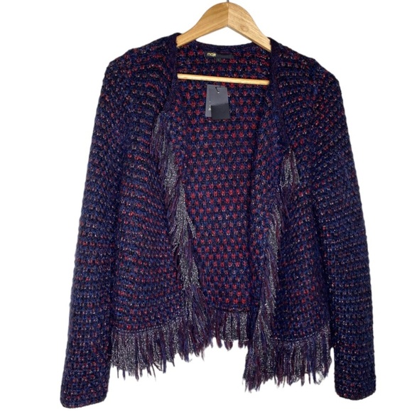 ✨NWT Maje Purple Tweed Open Front Metallic Fringe Mask Cardigan Size 2 or Medium - Picture 2 of 10